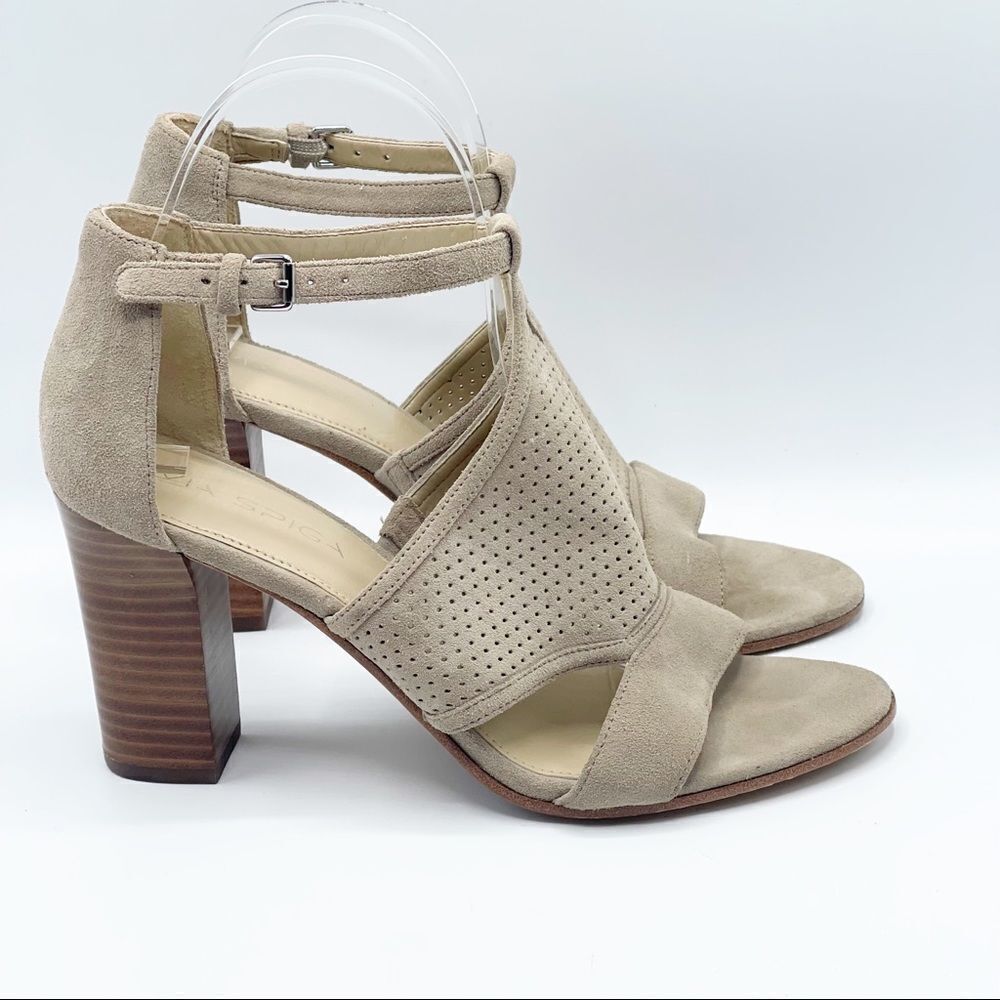 Via Spiga suede perforated block heels in tan